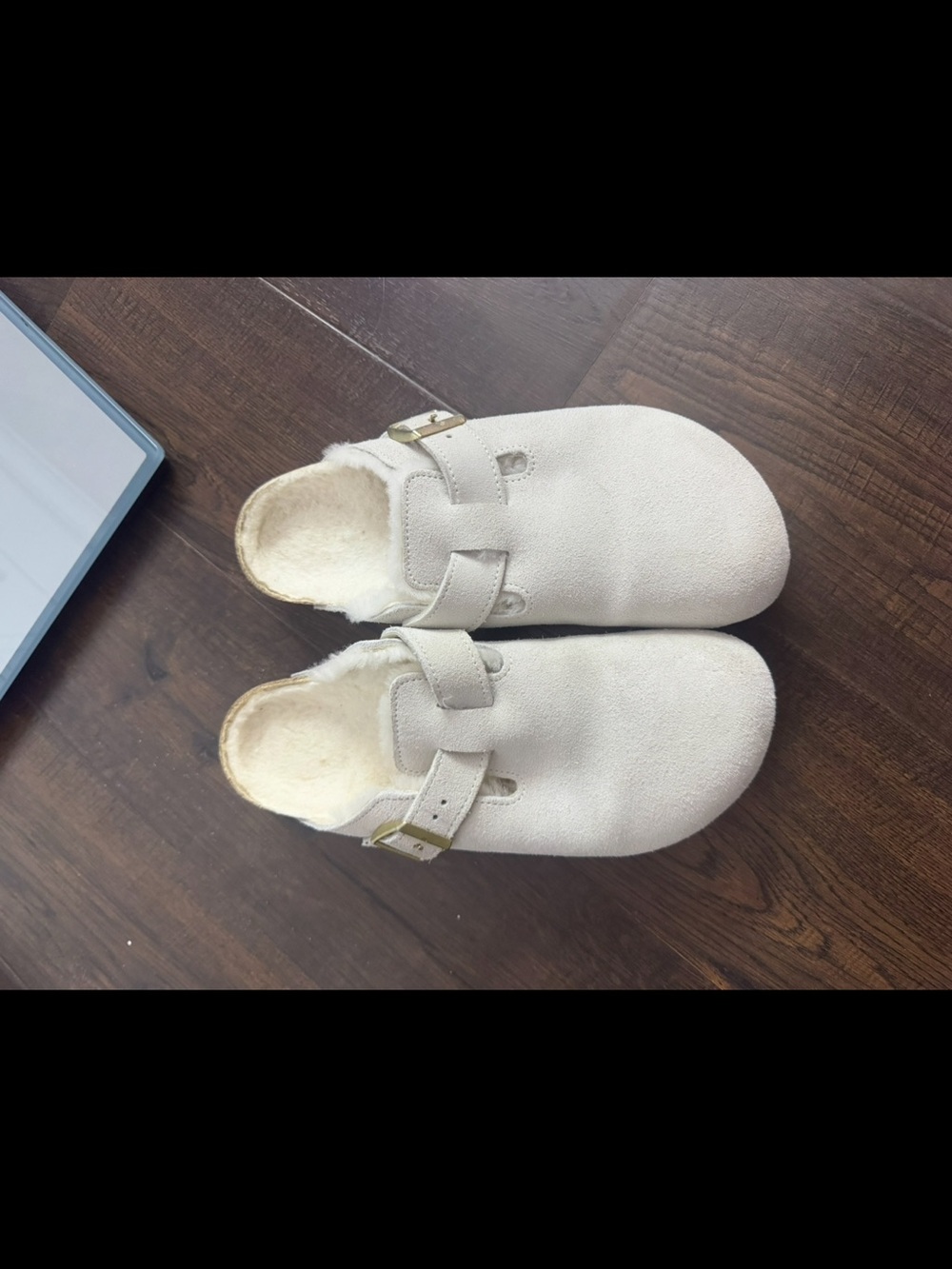 Birkenstock Cream Suede Shearling-Lined Clogs with Buckle